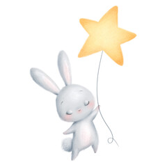 Illustration of cute animals sweet dreams. Bunny with a star. Good night bunny.