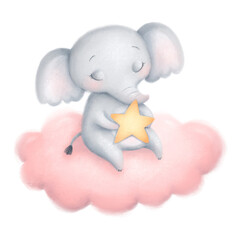 Illustration of cute animals sweet dreams. Good night elephant.