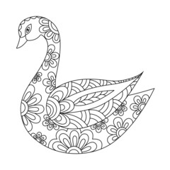 Swan linear illustration for coloring book. Line art design in zentangle style and coloring page. Vector.
