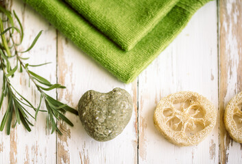 natural eco beauty handmade herbal soap. luffa sponge, clay for making facial or body mask