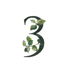 Dark green decorative floral alphabet. Number Three (3) symbol with melissa twigs arrangement. Watercolor collection for anniversaries, weddings and other celebrations; for invitations and cards.
