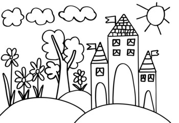 Coloring page for book with a castle, trees, flowers, sky with sun and clouds on it. Simple line kids activity worksheet. Drawing of fairytale landscape. Children art game. Vector illustration.