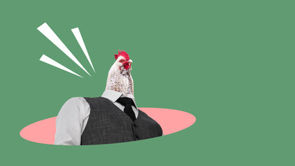 Businessman with rooster head. Digital collage modern art.
