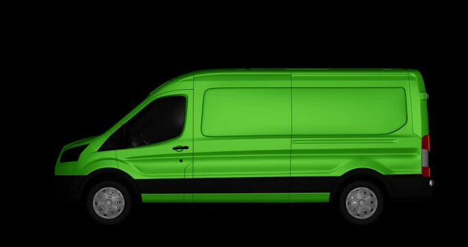 Cargo van with rotating wheels on a dark background, 3D animation