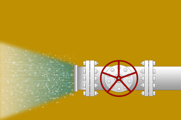 pipeline illustration on dark yellow background. The pressure of the blue liquid rushes out of the pipe.