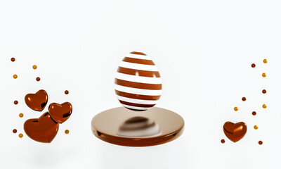 Happy Easter. Chocolate egg on the podium with chocolate hearts and dragees levitating around . Sweet Easter composition. 3D illustration