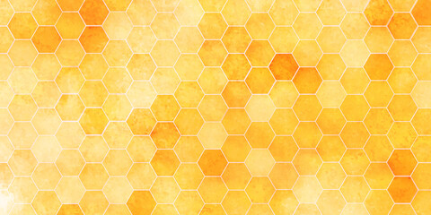 Orange or yellow seamless grunge and technology concept  3d honeycomb hexagon background with geometric shapes, modern hexagon background for decoration, book cover, template and construction. - obrazy, fototapety, plakaty