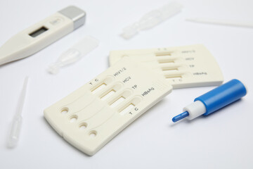 Disposable express test kit for hepatitis on white background