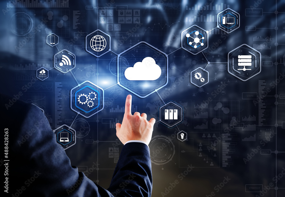 Aufkleber man clicks icon cloud computing technology internet storage network concept