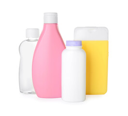 Bottles of baby cosmetic products on white background