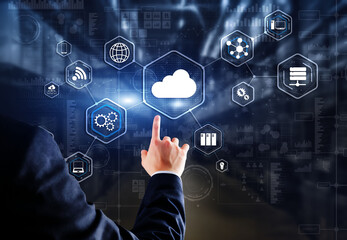 Man clicks icon Cloud Computing Technology Internet Storage Network Concept