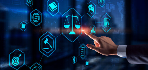 Law. Businessman on abstract blurred background using law protection right
