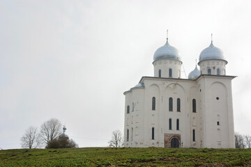 St. George's Cathedral of St. George's Monastery at the source of the Volkhov River, on the shore of Lake Ilmen. Veliky Novgorod, Russia