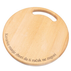 Round wooden kitchen cutting board isolated above white background