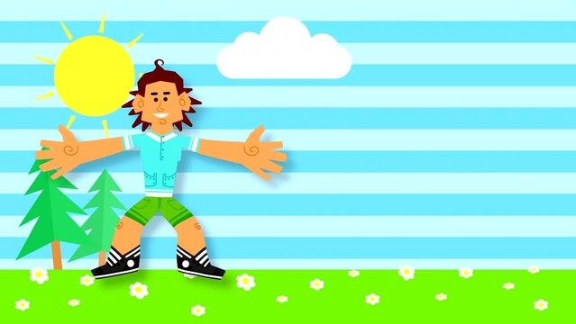 A man jumps on the grass, against the background of a striped blue sky with clouds and sun, waving his arms. Looped animation with drawn elements and close-up of the character.