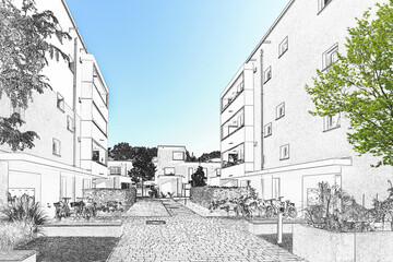 Drawing sketch of a residential area with modern apartment buildings, new green urban landscape in the city - 488429057