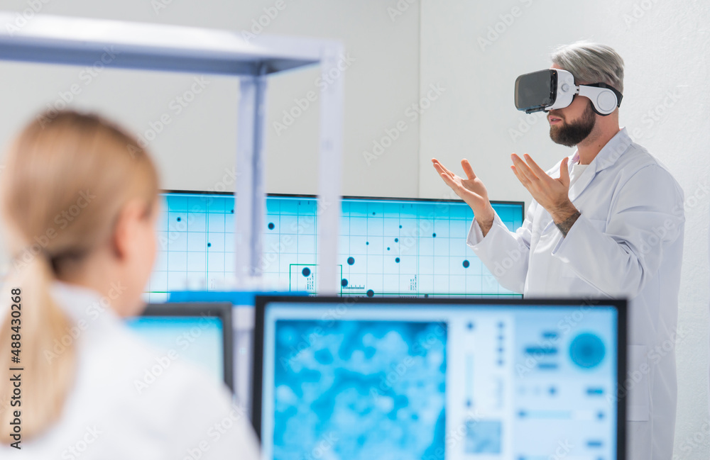 Wall mural genetic engineers are using virtual reality technology. professional team of scientists is working o