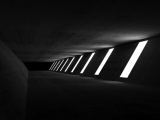 Dark concrete tunnel perspective with lights in line, 3d render
