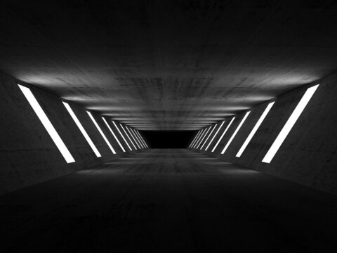 Empty dark concrete tunnel perspective with wall lights, 3d