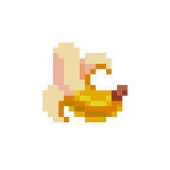 Banana pixel art icon, fruit logo. Isolated vector illustration. Game assets 8-bit sprite. Design for stickers, web, mobile app.