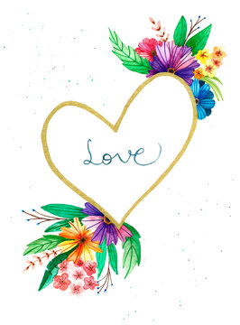 Silhouette of golden heart with colorful flowers around, word love inside. Handmade watercolor.