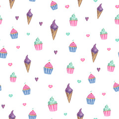 Sweet delicious watercolor pattern with cupcakes and ice creams on a white background. 