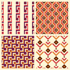 Set of 4 colorful abstract mid-century modern style seamless patterns. Grid vector backgrounds with geometric elements. 60s, 70s aesthetic.	