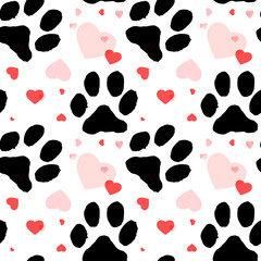 Flat cartoon animal footprint silhouette seamless pattern. Cat or dog foot. Black print paw trace. Trendy style design