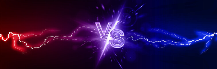 Lightning collision red and blue versus background with letters VS. Bright light flash with lightning from different directions. Versus banner, confrontation concept, vs battle, match game. Vector