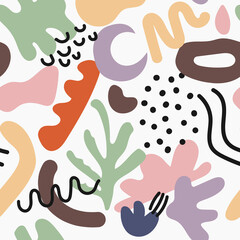 Hand drawn Various colorful shapes and doodle objects. Different figures. Abstract contemporary modern trendy vector illustration. Seamless pattern. Background, wallpaper, Wrapping, textile template