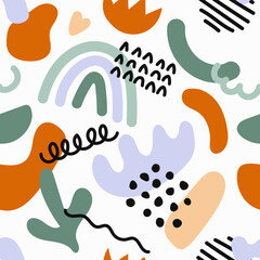 Hand drawn Various colorful shapes and doodle objects. Different figures. Abstract contemporary modern trendy vector illustration. Seamless pattern. Background, wallpaper, Wrapping, textile template
