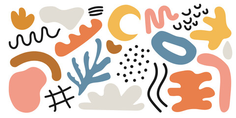 Set of hand-drawn different shapes and doodles, curves, dots. Abstract modern contemporary trendy vector illustration. All elements are isolated. Pastel colors, organic shapes, spots, lines