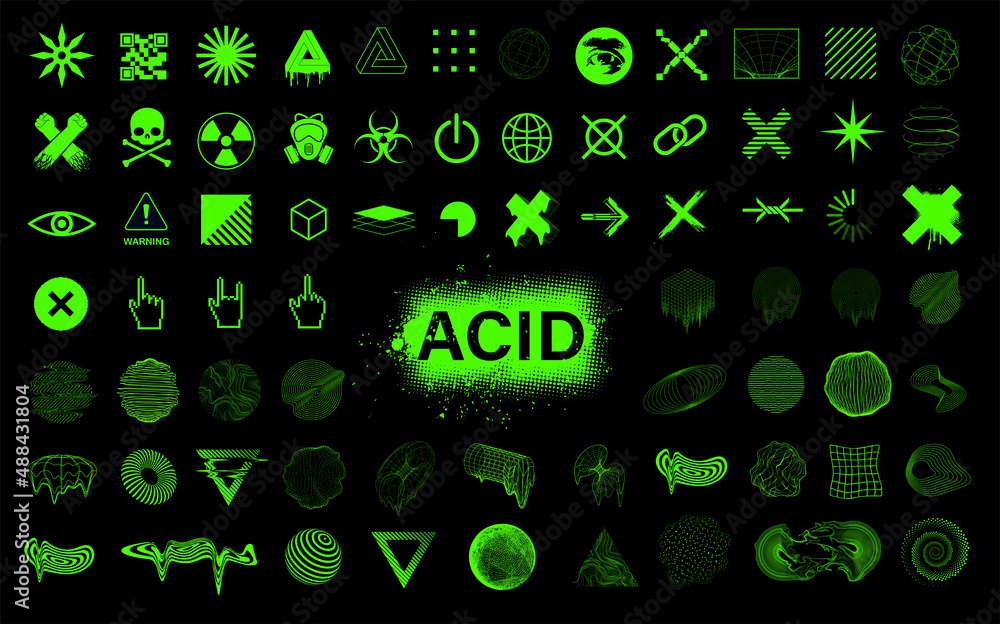 Poster brutalism acid icons and trendy abstract shapes. 3d street elements and vaporwave style shapes from 