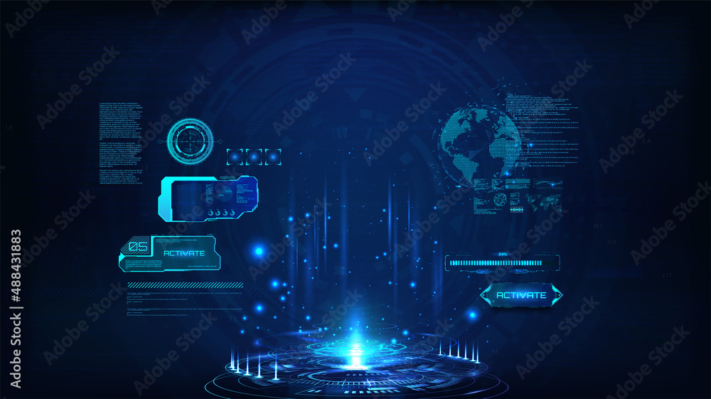Poster Circle presentation stage - podium in HUD style for show your product. Blank HUD lab with interface element. Mockup Hologram for presentation UI, UX, KIT, GUI. Virtual reality hologram. Vector HUD