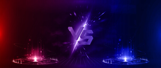Futuristic Versus Battle Banner - blank image. Red and Blue holograms with glow rays on a scene with sparks and VS letters. Versus battle with hologram. Competition, match, vs, esport concept. Vector