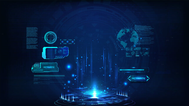 Circle presentation stage - podium in HUD style for show your product. Blank HUD lab with interface element. Mockup Hologram for presentation UI, UX, KIT, GUI. Virtual reality hologram. Vector HUD
