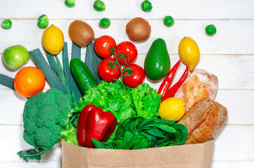 Delivery healthy food background. Grocery shopping food supermarket and clean vegan eating concept.