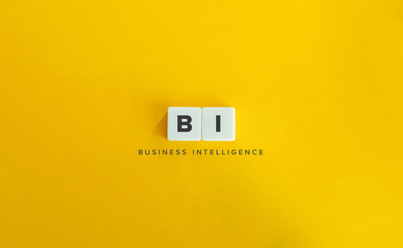 Business intelligence (BI) Banner. Letter Tiles on Yellow Background. Minimal Aesthetics.
