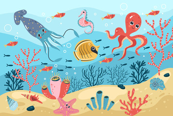 Naklejka na ściany i meble Sea bottom with creature animals fish and plants. Underwater marine flat cartoon graphic design illustration