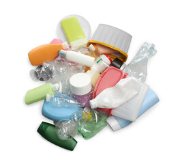 Pile of plastic garbage on white background, top view