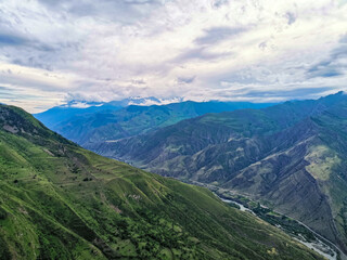 Naklejka premium Panoramic view of the mountains from the ancient village of Goor. Russia, Dagestan 2021
