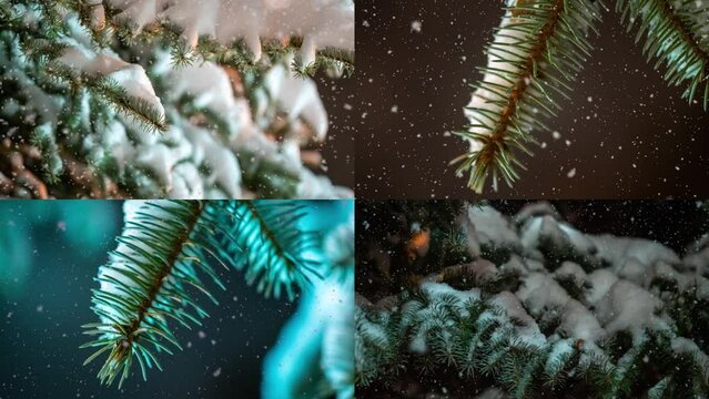collage video snow falling at the fir trees branches. Snow falls from pine tree branch in a forest. Slow motion