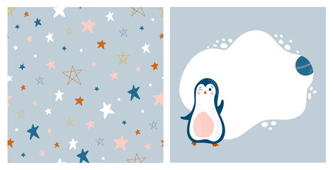 Baby cosmic set with penguin and stars. Vector seamless pattern and cute frame in simple hand drawn style. Cute illustrations for interior decorating, fabric, clothes, baby shower decor. © danielekaterina