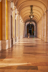 The Arcades of the Great Arch of Augusta Street and Commerce Square in Lisbon, Portugal