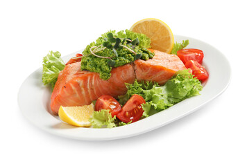 Tasty cooked salmon with pesto sauce and fresh salad on white background
