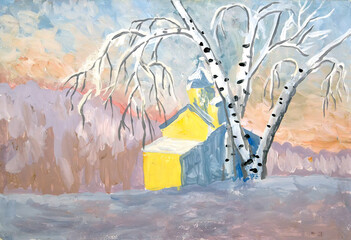 Winter landscape with a chapel. Children's drawing
