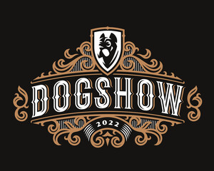 Dog vintage  luxury emblem, label , badge for your logo or crest.  Dog's head armorial  modern vector illustration with baroque ornaments.