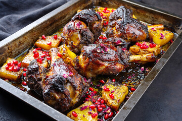 Traditional braised slow cooked Australian lamb shank with pineapple and pomegranate served as close-up in a backing form