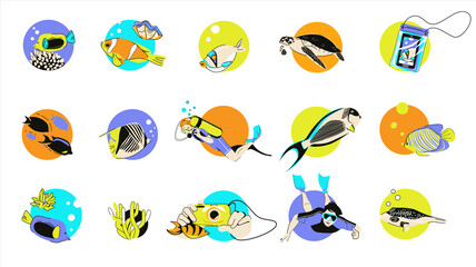 Set of snorkeling and diving elements, fishes, scuba diver, corals, underwater camera case, underwater photography. Vector illustration isolated on white background.