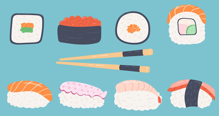 Various sushi and rolls with wood sticks. Japanese food with sea product. Isolated objects on background.